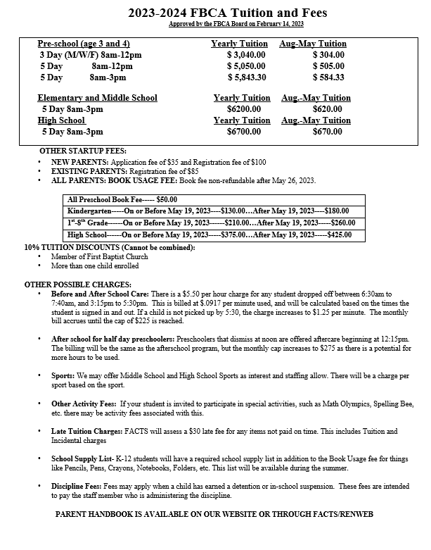 Tuition & Fees - First Baptist Christian Academy